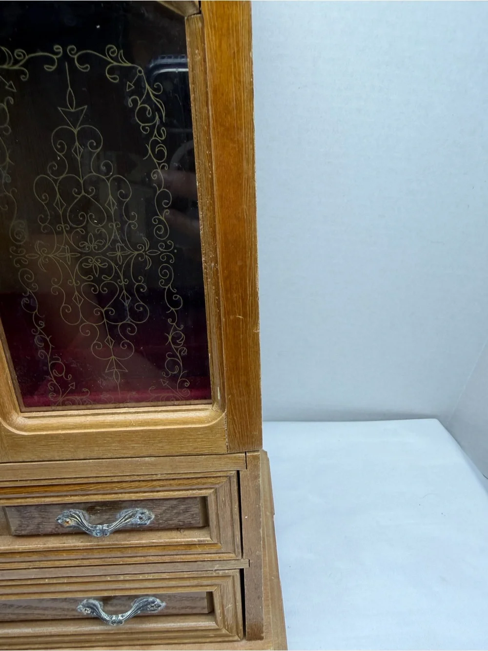 Vintage Wood 2 Door Jewelry Box Armoire Style Cabinet  Organizer &  Drawer